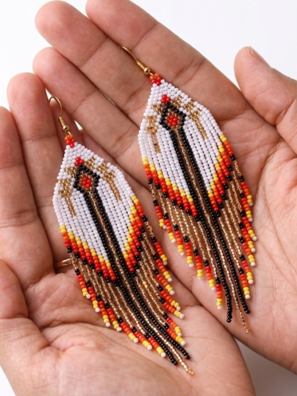 Handmade Beaded Fringe Statement Earrings Sunset Fire Colors Ombre Boho Jewelry